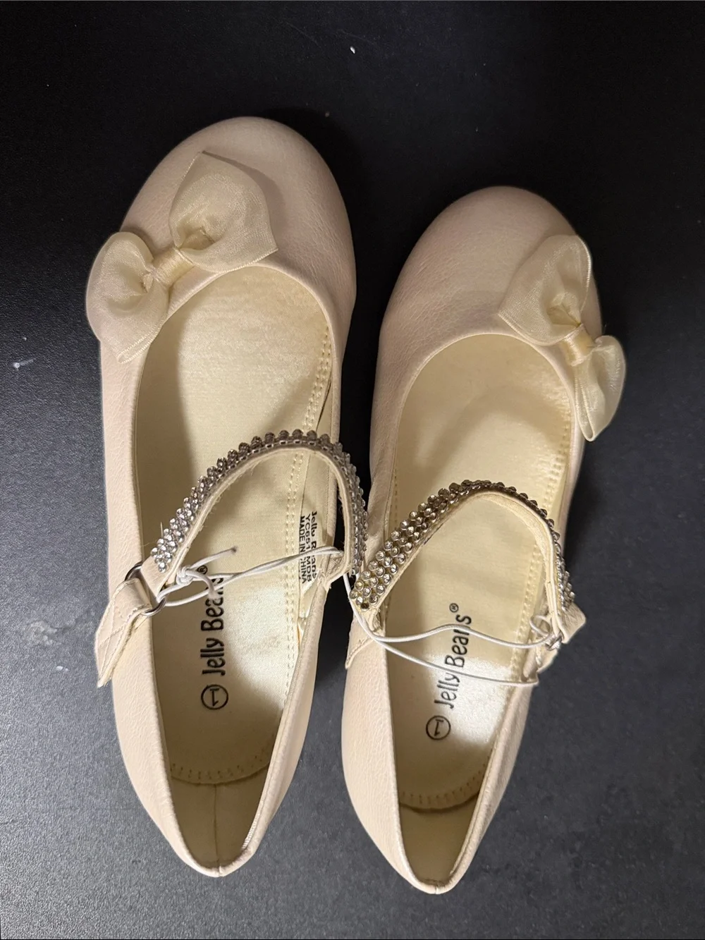 Jelly Beans Cream Bow Mary Jane Flats with Rhinestone Strap Accen